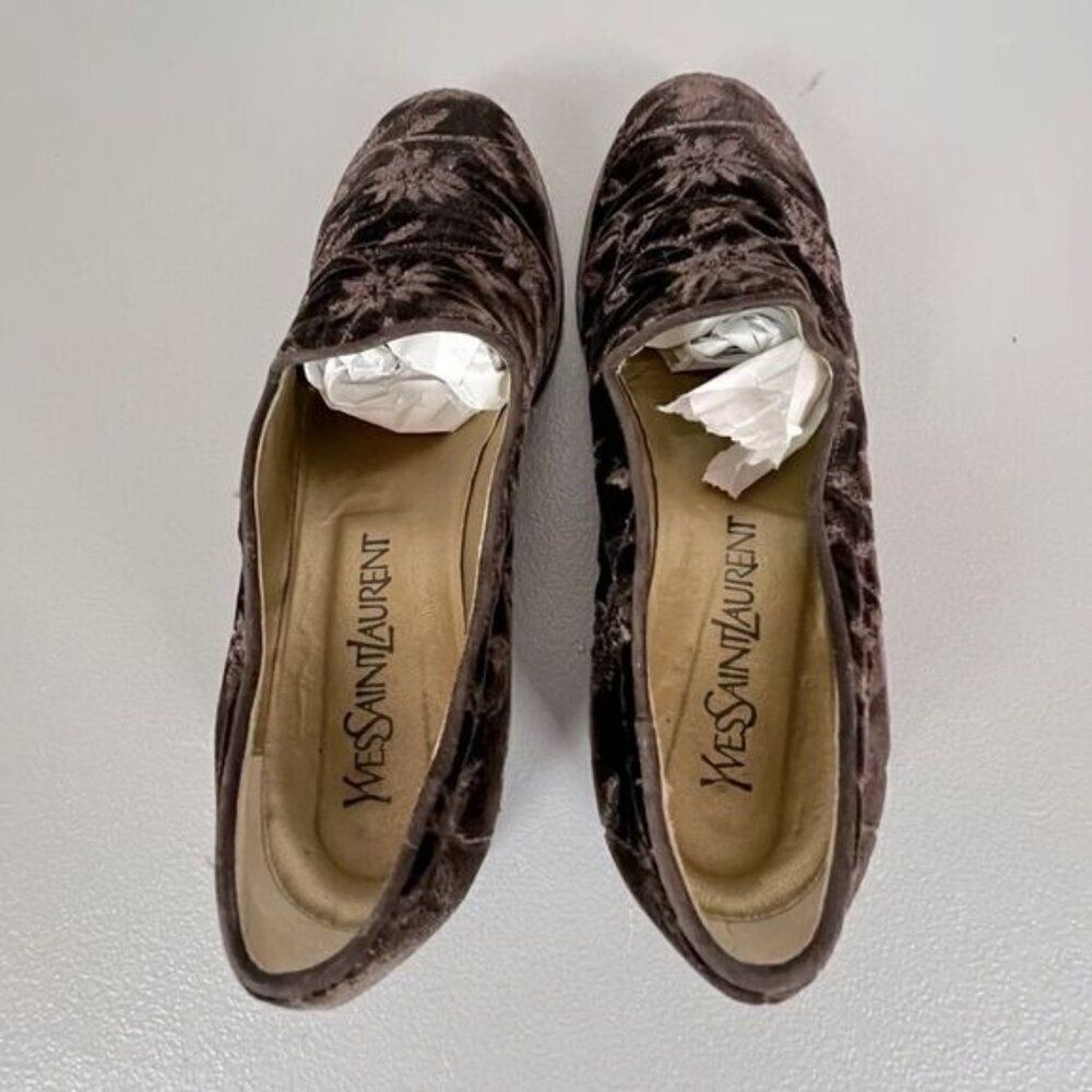 YVES SAINT LAURENT WOMENS BROWN SUEDE LOAFERS WITH EMBROIDERED DESIGN SIZE 7.5M - Picture 6 of 9